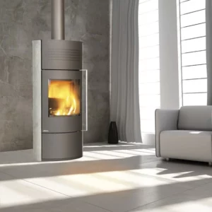 poele-a-bois-ilam-gris-avec-accumulateur fonte flamme