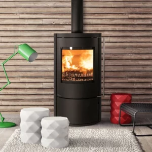 poele-a-bois-mesa-noir-mat-porte-acier fonte flamme